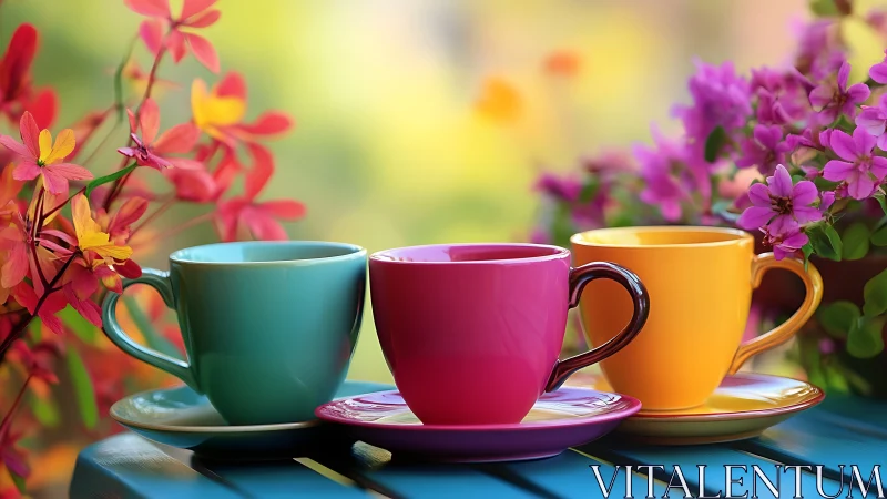 Chromatic ceramic teacups aligned amid floral bokeh field.