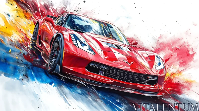 Red sports car illustration with abstract color streaks backdrop.