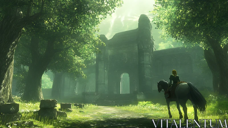 Rider on horseback approaches ancient stone ruins in forest.