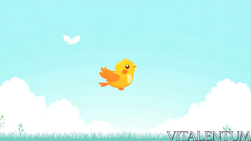 Flat-shaded yellow songbird centered in minimal vector sky scene