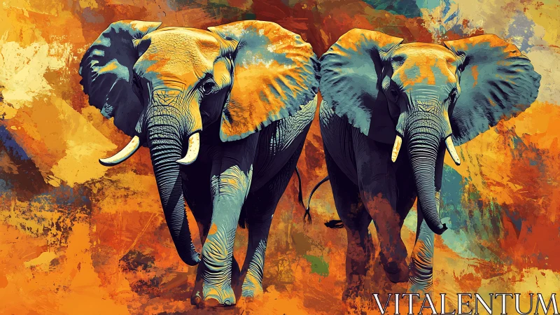 Two stylized elephants against abstract orange background.