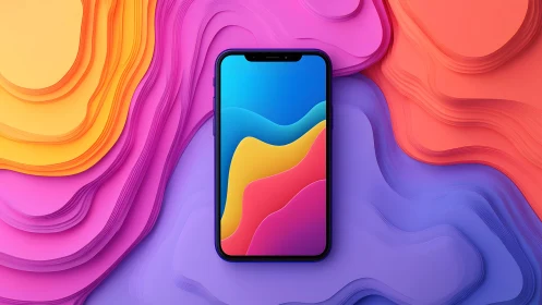 Modern smartphone on colorful abstract layered paper background.