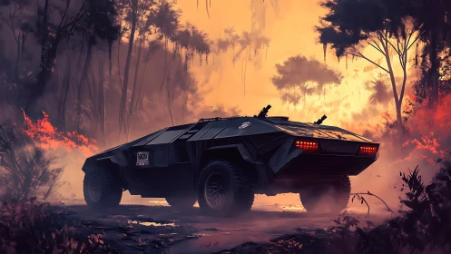 Futuristic rover pauses in a misty, ember-lit jungle dusk.