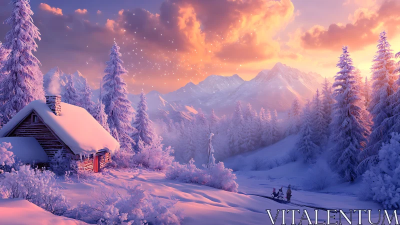 Snowy twilight cabin hums while pastel mountains glow wild
