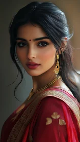 Elegant woman in red saree gazes softly at viewer.