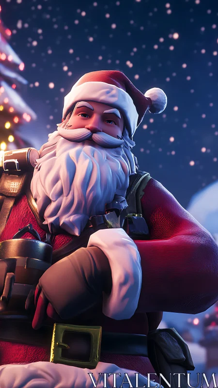 3D stylized Santa character in snowy night environment.