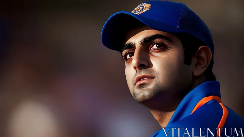 Cricket player in blue uniform under stadium lighting.