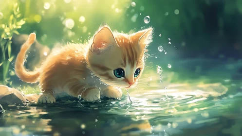 Orange Tabby Kitten Interacting With Water Droplets Through Soft-Focus Rendering