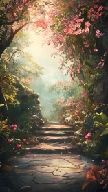 Sunlit stone steps wander into a secret blooming forest gate