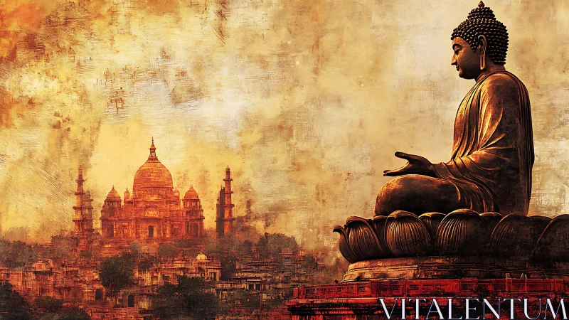 Golden Buddha watching over an ancient, sunlit cityscape.