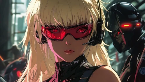 Cyberpunk heroine in crimson visor holding her ground calmly.