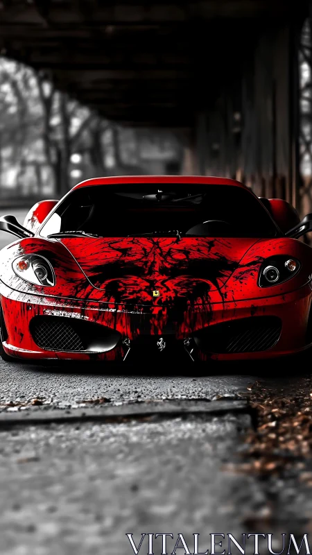 Red sports car with black splatter graphics under bridge.