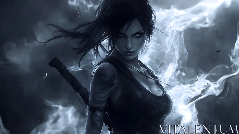 Dark-clad female fighter amid swirling monochrome smoke.