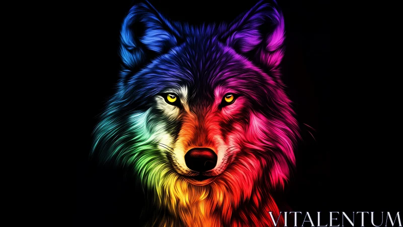 Neon wolf portrait with radiant multicolor fur on black.