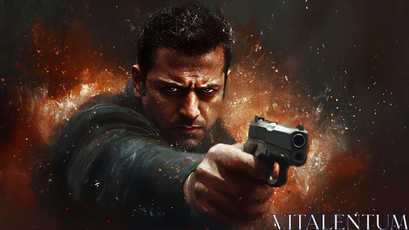 Intense gunman portrait in dynamic digital action art.
