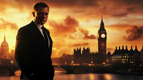 Twilight-draped agent lingers over a glowing London skyline