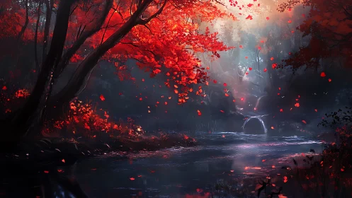 Luminous red forest canopy frames misted river and distant portal