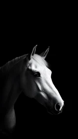 White horse portrait in dramatic low key lighting on black.