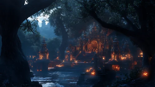 Temple citadel glows with firelit steps in dense forest