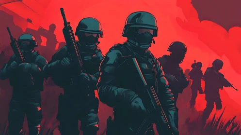 Armed soldiers move in formation against intense red sky.
