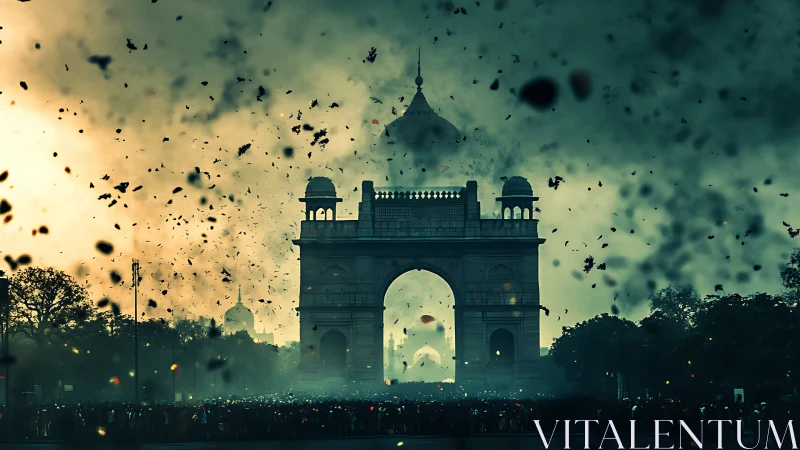 Evening skies swirl dramatically around a grand city arch