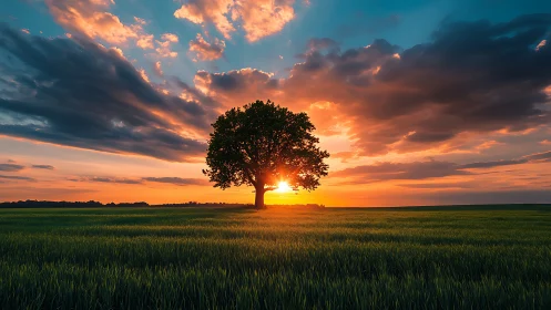 Sunlit lone tree welcomes a gentle evening sky glow