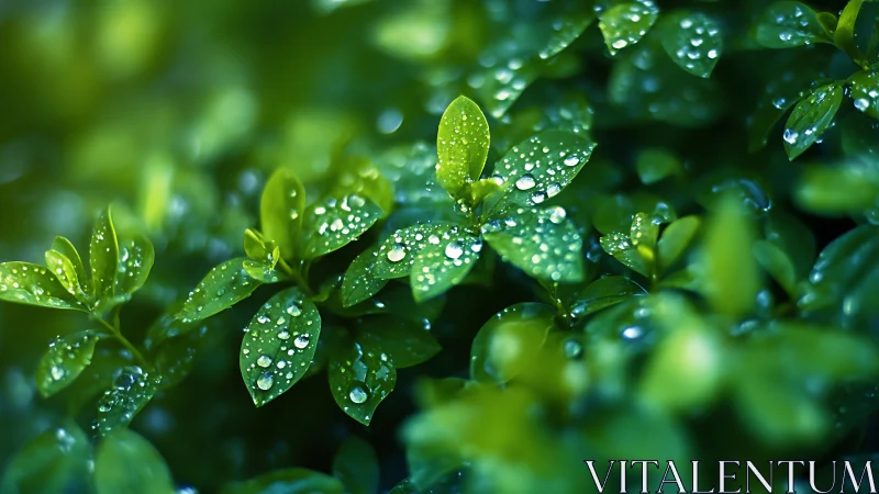 Fresh green leaves with water droplets in soft focus background.