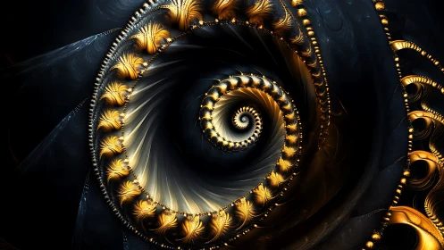 Golden fractal spiral with luminous baroque shell motifs.