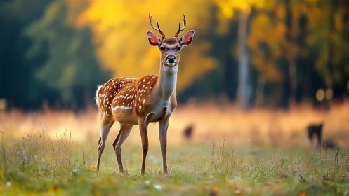 Young spotted deer standing alert in an autumn meadow.