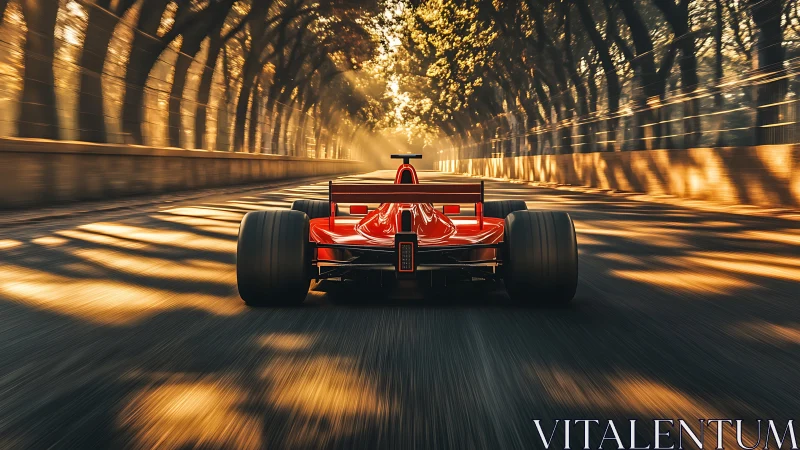 Red formula car sprints through sunlit tree tunnel road.