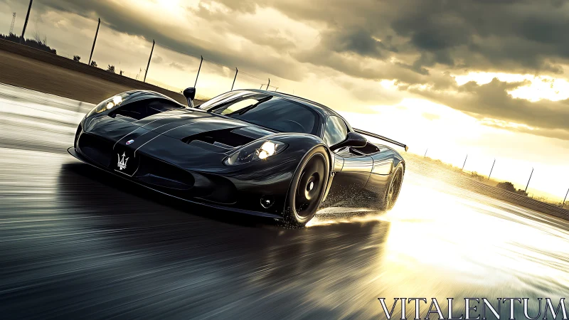 Aerodynamic black hypercar tracking shot on wet racetrack surface.