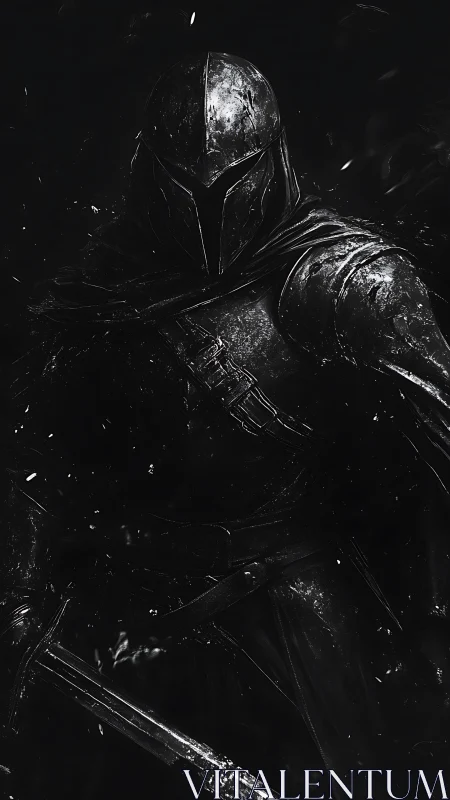 Armored warrior in chiaroscuro lighting advances through shadow