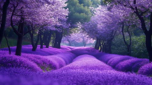 Lavender field path beneath blooming purple trees.