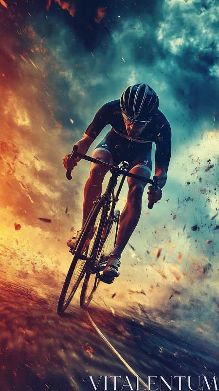 Cyclist rides forward through contrasting fire and smoke