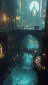 Multi-level flooded interior with stained glass window.