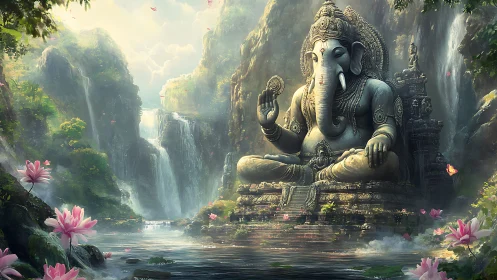 Ganesha stone sculpture beside waterfalls in forest valley.