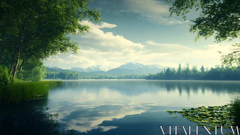 Summerlight drifts over still lake and distant snowy peaks