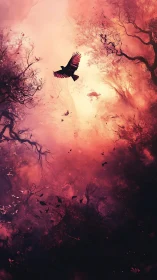 Silhouetted raven ascends through incandescent, fractured forest sky