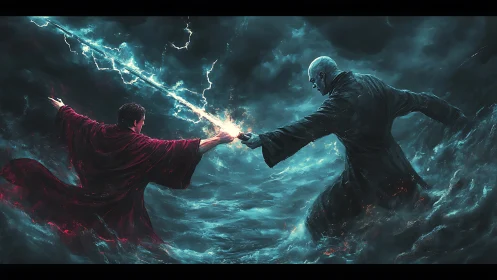 Robe clad figures duel with converging energy in storm.