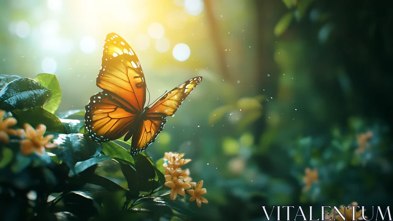 Sunlit monarch drifts through dew-kissed forest hush.