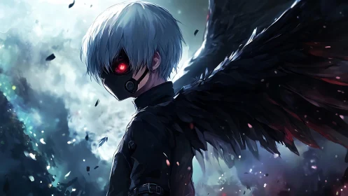 Masked winged character stands in stormy illuminated sky