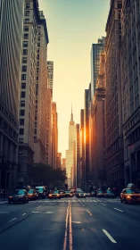 Golden hour traffic streams through a towering city canyon