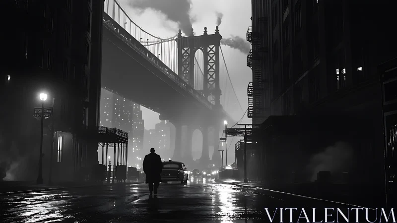 Noir city bridge at night with solitary silhouetted figure.