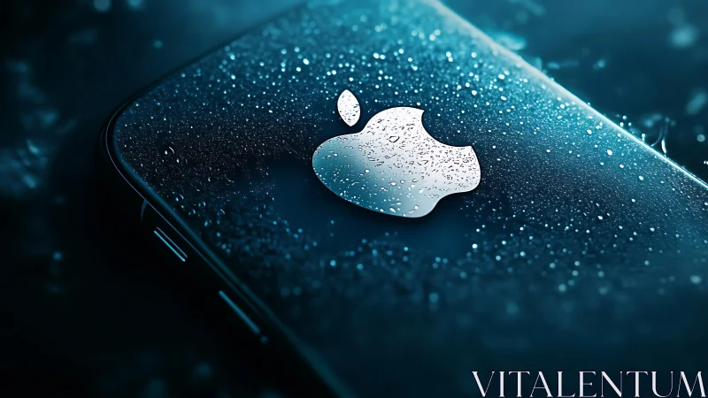 Glowing smartphone logo shimmers beneath scattered water droplets.