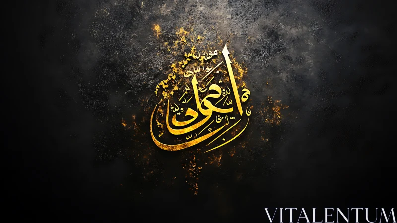 Golden Arabic calligraphy glowing on textured dark wall.