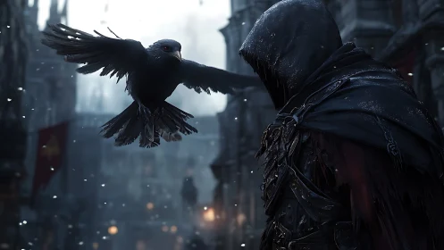 Hooded figure watches crow in flight over snowy city street