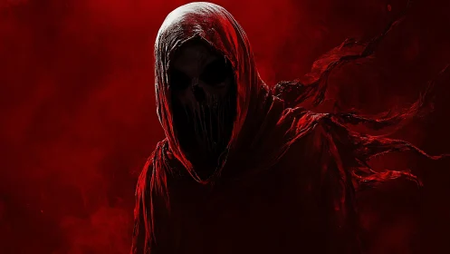 Hooded skeletal wraith rendered in high-contrast red chiaroscuro