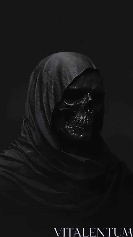 Hooded obsidian skull portrait in cinematic low key lighting.