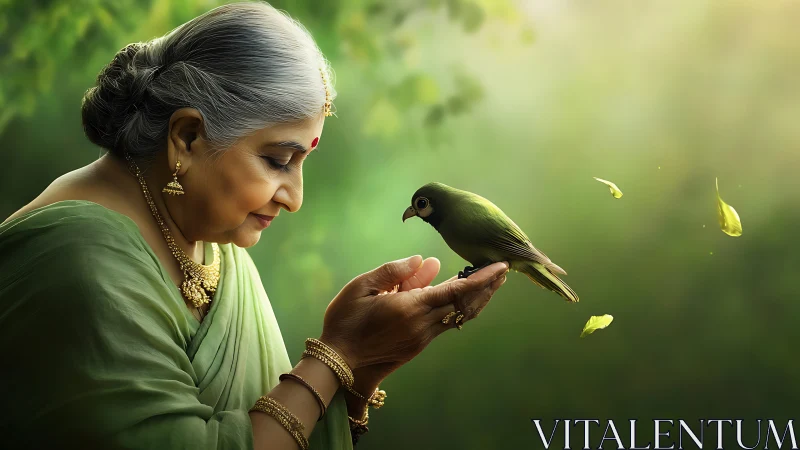 Elderly woman in green sari holding bird, serene nature portrait.