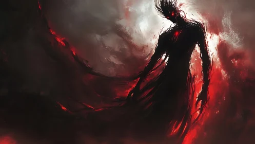 Shadowlike humanoid form in red and black swirling field.